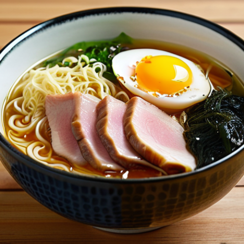 Home 26 **
A steaming bowl of ramen, showcasing a rich, golden broth with glistening pork belly (chashu) slices, a halved marinated egg with a jammy yolk, vibrant green scallions, and a sheet of nori seaweed. The noodles should be visible and appear perfectly cooked. Focus on the depth of color and texture to emphasize the appetizing nature of the ramen.
**