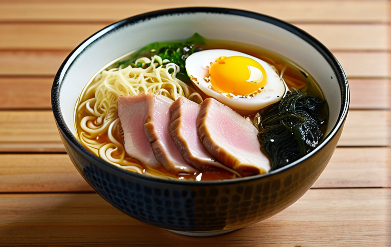 **

A steaming bowl of ramen, showcasing a rich, golden broth with glistening pork belly (chashu) slices, a halved marinated egg with a jammy yolk, vibrant green scallions, and a sheet of nori seaweed. The noodles should be visible and appear perfectly cooked. Focus on the depth of color and texture to emphasize the appetizing nature of the ramen.

**