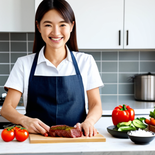 Home 24 **
"A woman in her kitchen, smiling as she follows a recipe card from a Japanese meal kit. She is wearing an apron and modest clothing. Fresh vegetables, meat, and sauces are neatly arranged on the counter. The kitchen is bright and clean. Safe for work, appropriate content, fully clothed, professional photography, perfect anatomy, natural proportions, family-friendly."
**