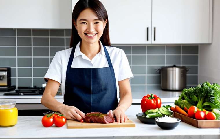 **

"A woman in her kitchen, smiling as she follows a recipe card from a Japanese meal kit. She is wearing an apron and modest clothing. Fresh vegetables, meat, and sauces are neatly arranged on the counter. The kitchen is bright and clean. Safe for work, appropriate content, fully clothed, professional photography, perfect anatomy, natural proportions, family-friendly."

**