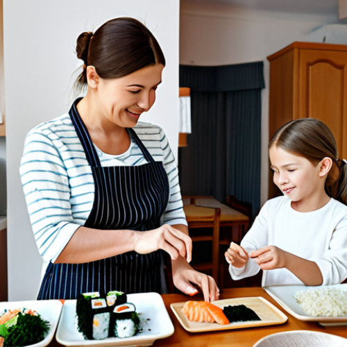 Home 23 Family-Friendly Sushi Making**
A cozy kitchen scene in a typical Russian apartment. A mother and daughter are preparing Philadelphia rolls together. The mother is showing the daughter how to spread rice on nori. Fresh ingredients like salmon, avocado, and cream cheese are visible. The scene is brightly lit and inviting. safe for work, appropriate content, fully clothed, family-friendly, professional photography, perfect anatomy, natural proportions, well-formed hands, proper finger count, modest clothing, appropriate attire.
**