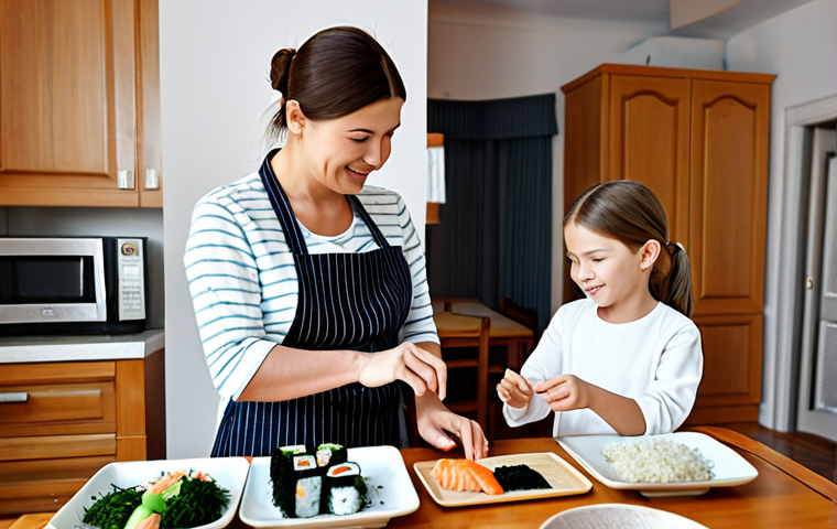 Family-Friendly Sushi Making**

A cozy kitchen scene in a typical Russian apartment. A mother and daughter are preparing Philadelphia rolls together. The mother is showing the daughter how to spread rice on nori. Fresh ingredients like salmon, avocado, and cream cheese are visible. The scene is brightly lit and inviting. safe for work, appropriate content, fully clothed, family-friendly, professional photography, perfect anatomy, natural proportions, well-formed hands, proper finger count, modest clothing, appropriate attire.

**