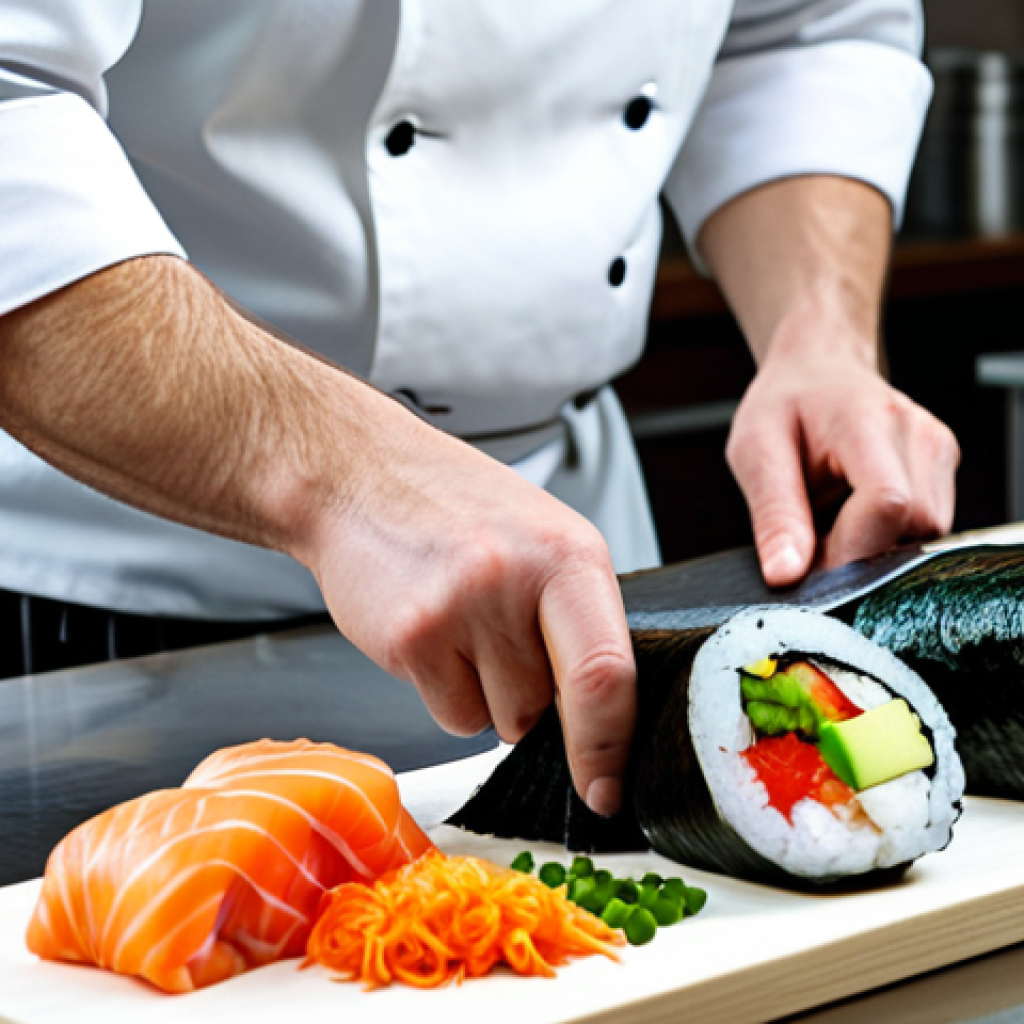 Sushi Chef at Work**

"A professional sushi chef in a clean, modern Moscow kitchen, wearing a traditional chef's uniform (fully clothed, appropriate attire). He is carefully slicing fish with a sharp knife. Background includes various sushi ingredients and tools. Focus on the chef's skillful hands and the fresh ingredients. Safe for work, appropriate content, professional, perfect anatomy, natural proportions, high quality."

**