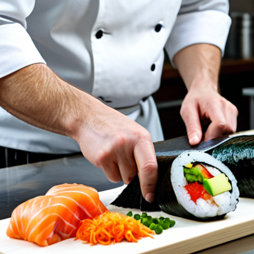 Home 12 Sushi Chef at Work**
"A professional sushi chef in a clean, modern Moscow kitchen, wearing a traditional chef's uniform (fully clothed, appropriate attire). He is carefully slicing fish with a sharp knife. Background includes various sushi ingredients and tools. Focus on the chef's skillful hands and the fresh ingredients. Safe for work, appropriate content, professional, perfect anatomy, natural proportions, high quality."
**