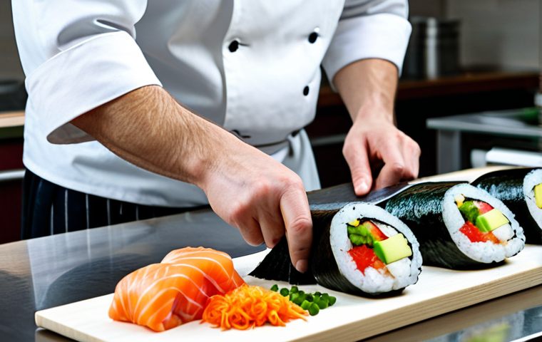 Sushi Chef at Work**

"A professional sushi chef in a clean, modern Moscow kitchen, wearing a traditional chef's uniform (fully clothed, appropriate attire). He is carefully slicing fish with a sharp knife. Background includes various sushi ingredients and tools. Focus on the chef's skillful hands and the fresh ingredients. Safe for work, appropriate content, professional, perfect anatomy, natural proportions, high quality."

**