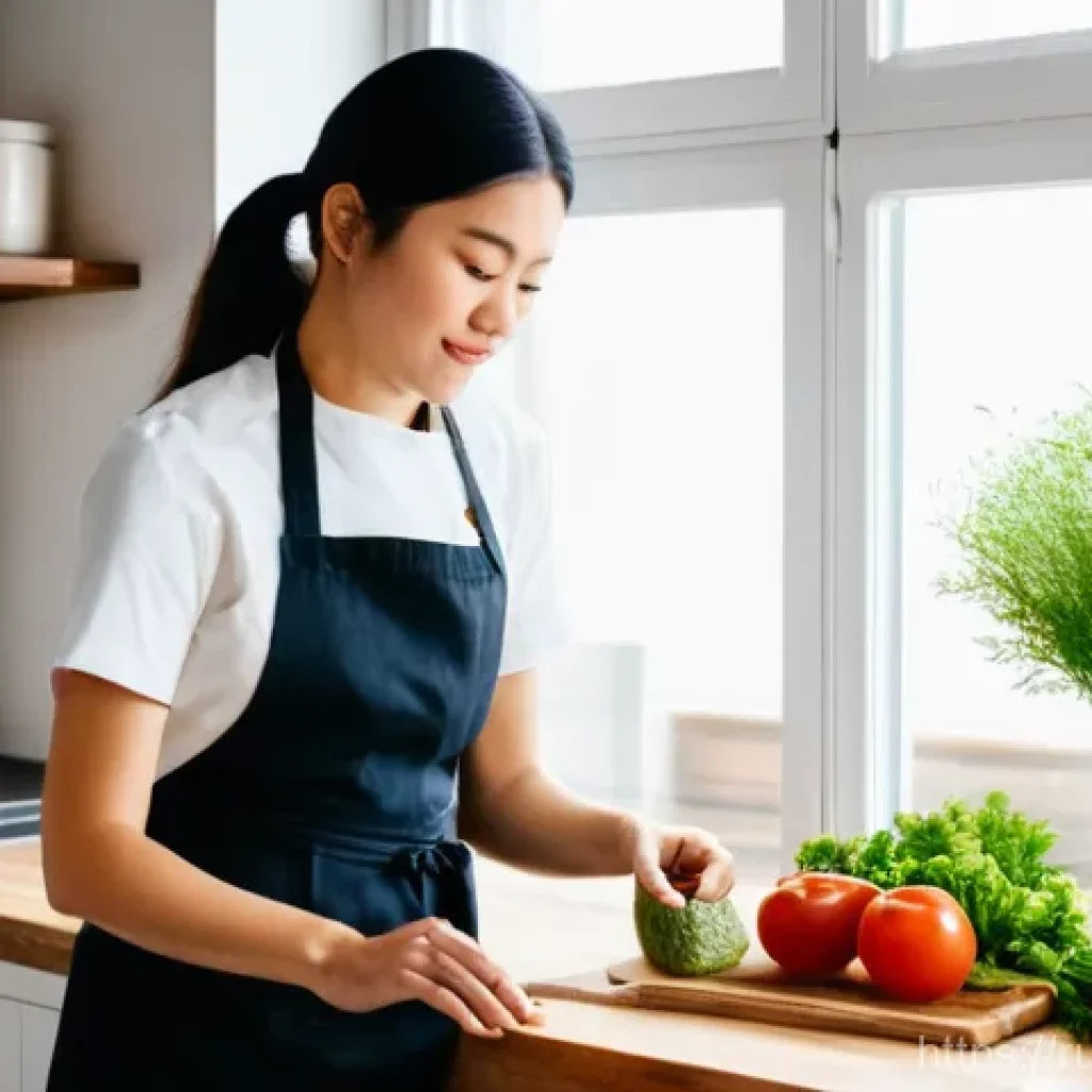 일본산 조미료 장단점 - **Prompt:** A cozy, well-lit modern kitchen. A woman in her late 20s, wearing a comfortable long-sle...