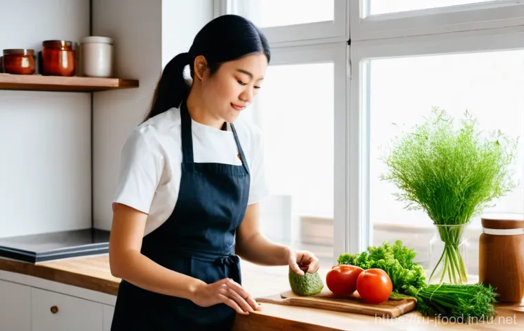 일본산 조미료 장단점 - **Prompt:** A cozy, well-lit modern kitchen. A woman in her late 20s, wearing a comfortable long-sle...