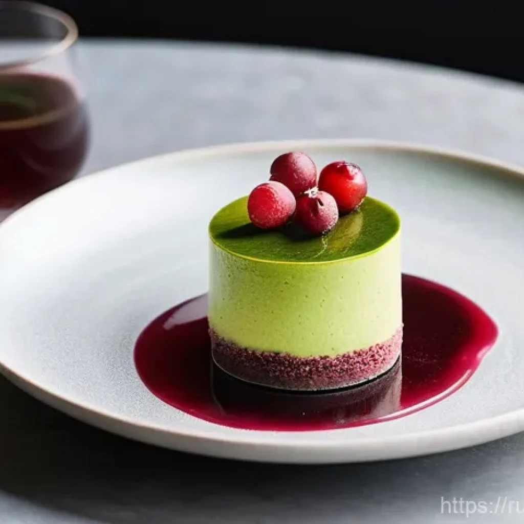 일본 퓨전 요리 소개 - **Prompt:** A meticulously plated Japanese fusion dessert, a matcha and lingonberry cheesecake. The ...