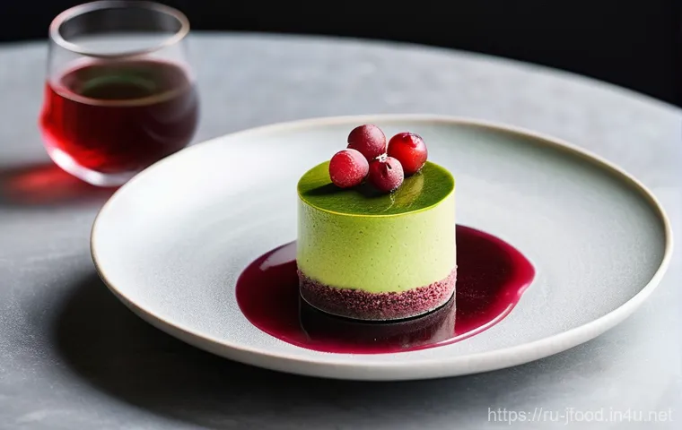 일본 퓨전 요리 소개 - **Prompt:** A meticulously plated Japanese fusion dessert, a matcha and lingonberry cheesecake. The ...