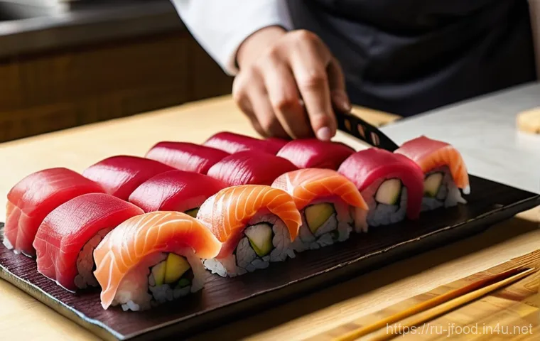일본 스시 셰프 도구 - **Prompt:** A skilled Japanese sushi chef in a brightly lit, professional kitchen setting, intently ...