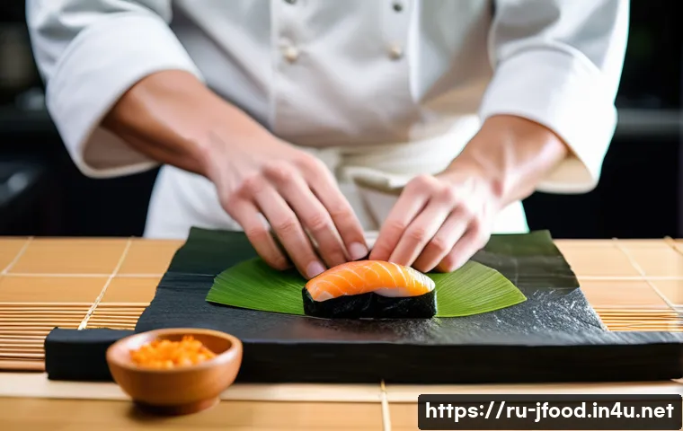 일본 전통 요리 수업 - A vibrant Japanese sushi preparation scene in a modern kitchen, featuring a skilled chef carefully f...