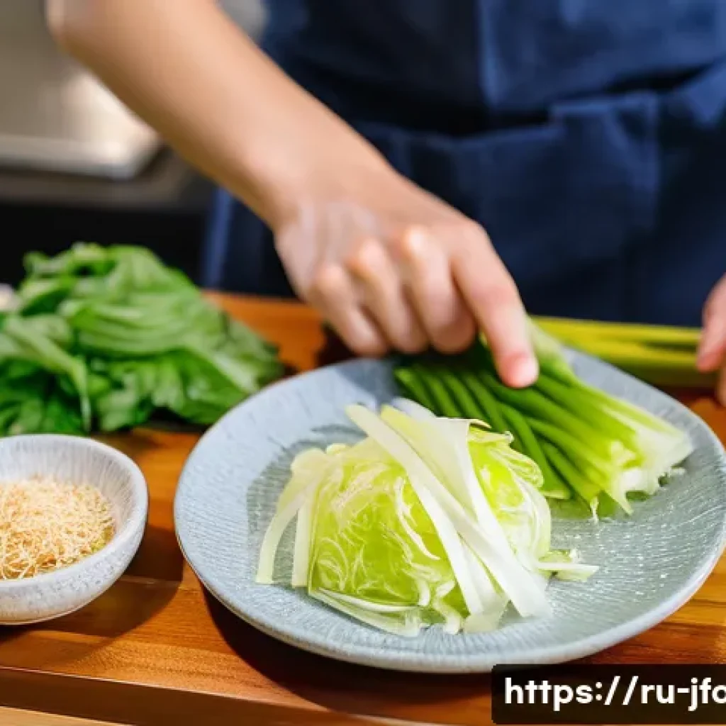 일본 김치 제조 방법 - A vibrant kitchen scene showing the preparation of Japanese kimchi with fresh, crisp napa cabbage sl...