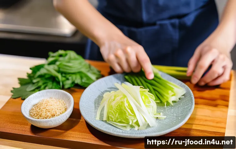 일본 김치 제조 방법 - A vibrant kitchen scene showing the preparation of Japanese kimchi with fresh, crisp napa cabbage sl...