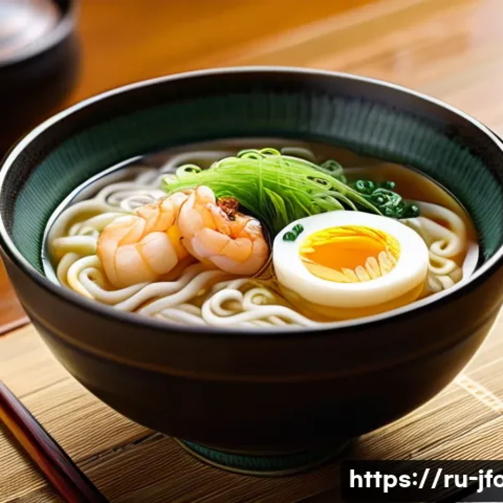 우동 종류와 특징 - A serene Japanese dining scene featuring a steaming bowl of hot udon soup served in a traditional de...