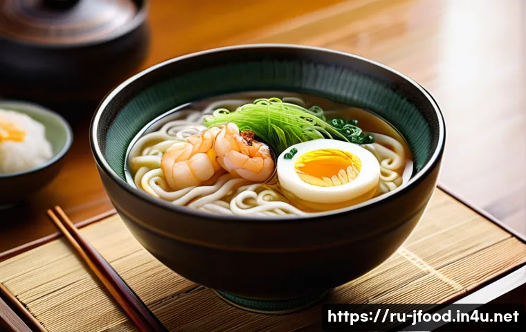 우동 종류와 특징 - A serene Japanese dining scene featuring a steaming bowl of hot udon soup served in a traditional de...
