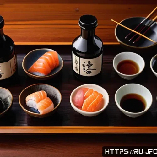일본 간장 간 맞추기 - A detailed still-life composition of traditional Japanese soy sauce bottles arranged on a wooden tab...