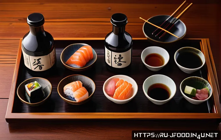 일본 간장 간 맞추기 - A detailed still-life composition of traditional Japanese soy sauce bottles arranged on a wooden tab...