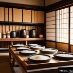 일본 술의 종류와 특징 - A serene Japanese sake brewery interior showcasing traditional fermentation techniques: polished ric...