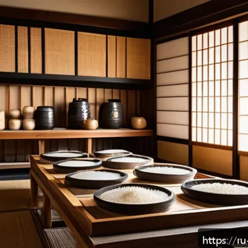 일본 술의 종류와 특징 - A serene Japanese sake brewery interior showcasing traditional fermentation techniques: polished ric...