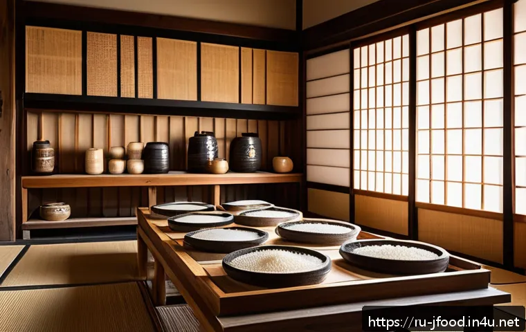 일본 술의 종류와 특징 - A serene Japanese sake brewery interior showcasing traditional fermentation techniques: polished ric...