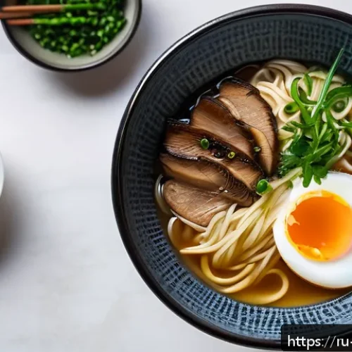 라멘 토핑의 종류 - A luxurious bowl of ramen featuring silky shiitake mushrooms and a delicate drizzle of truffle oil, ...