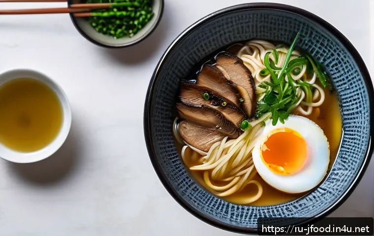 라멘 토핑의 종류 - A luxurious bowl of ramen featuring silky shiitake mushrooms and a delicate drizzle of truffle oil, ...