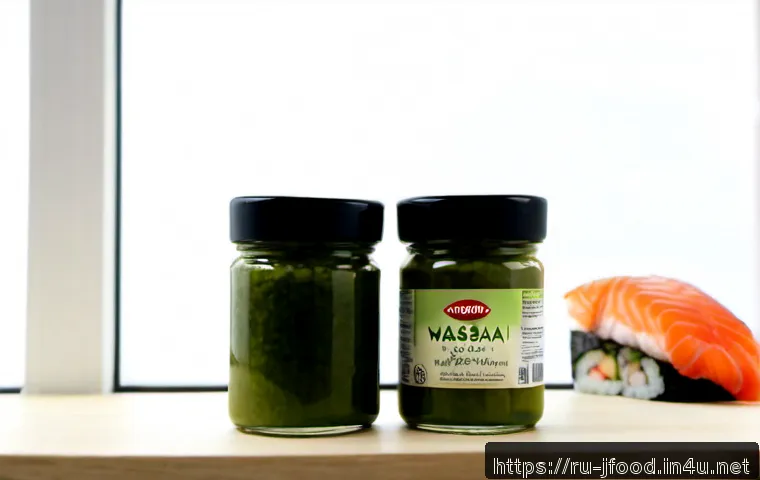 Home 17 와사비 브랜드별 비교 - Photorealistic product comparison scene of three unbranded wasabi pastes in distinct plain squeeze t...