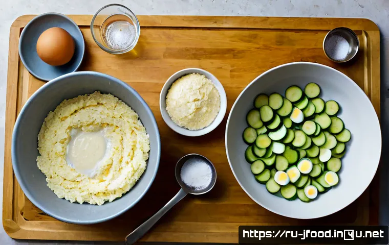 텐푸라 반죽 비율 - Photorealistic overhead kitchen scene showing a clear tempura batter preparation setup for a Russian...
