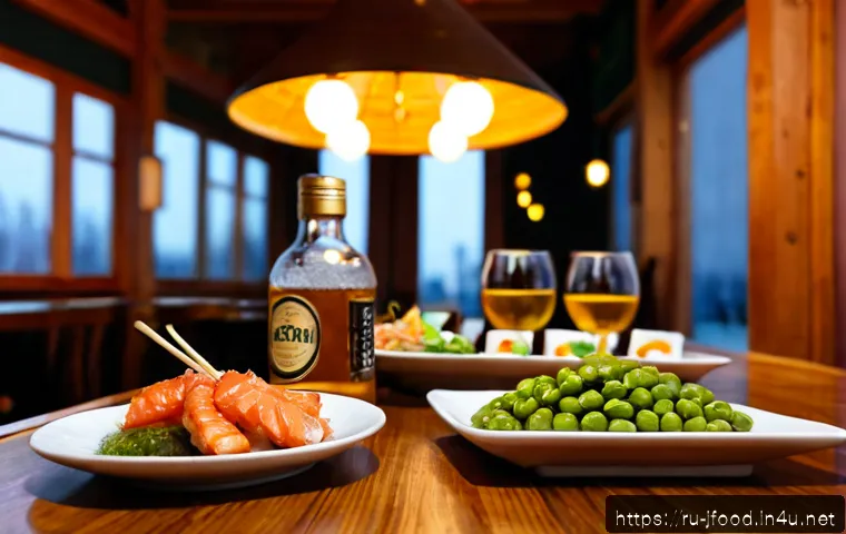 이자카야 인기 메뉴 - Photorealistic cozy Japanese-style pub table in Moscow, popular shared dishes including yakitori ske...